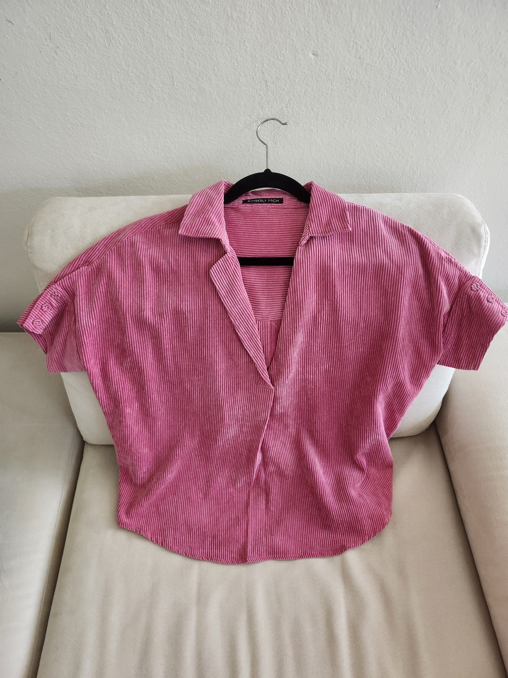 Relaxed Pink Short-Sleeve Corduroy Shirt